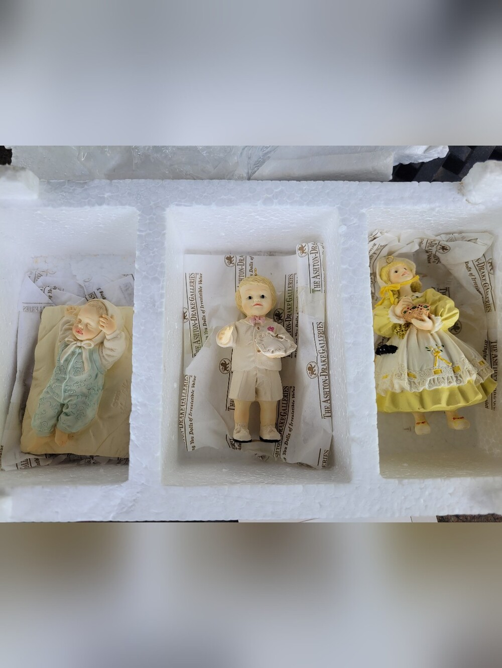 Ashton Drake  Porcelain Doll Trio Ornaments - Yellow, Cream & Light Blue (BC1)